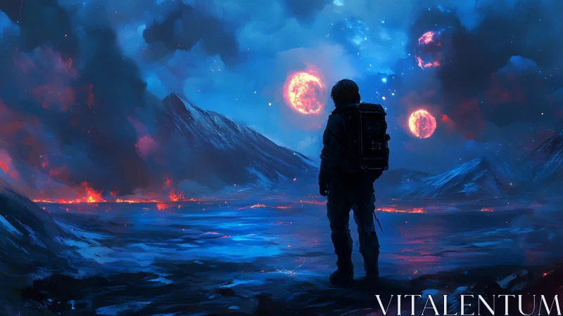Digital painting of lone explorer on tri-sun alien tundra.