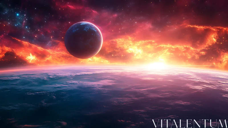 Cosmic sunrise welcomes a glowing planet above quiet clouds