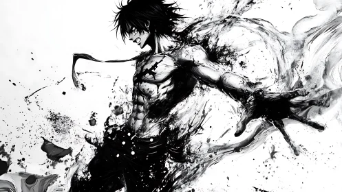 Monochrome ink-style male figure amid dynamic splashes.