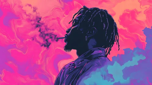 Silhouetted smoker exhales vapor against neon gradient sky