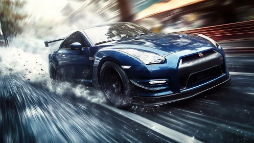 Photorealistic blue sports coupe in dynamic drift perspective.
