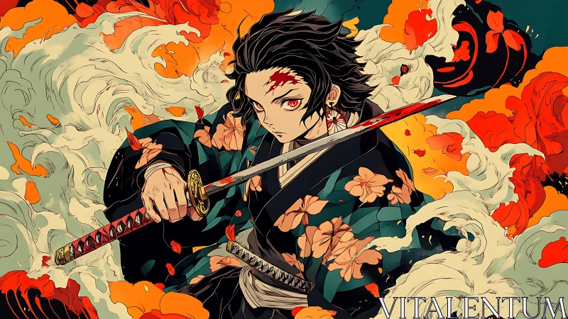 Fiery anime swordsman slashes through swirling elemental waves.