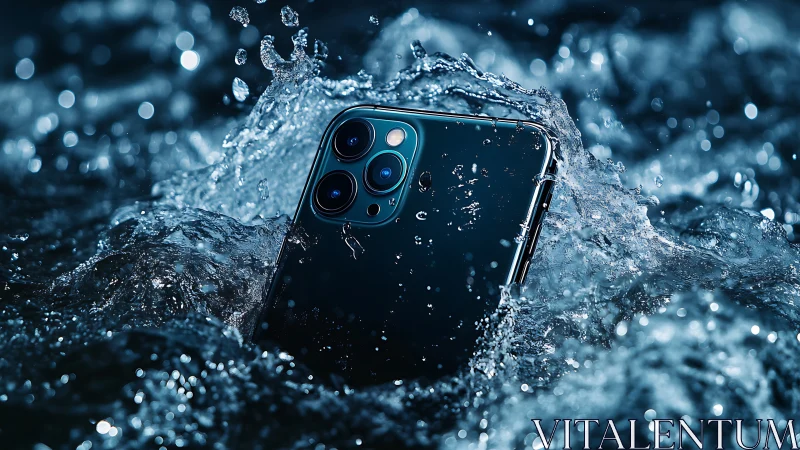 Sleek smartphone diving boldly through bright blue splashes.