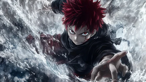 Scarred red‑haired warrior lunging through raging water storm.
