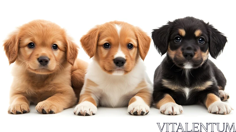 Trio of bright-eyed puppies posing in soft studio glow.