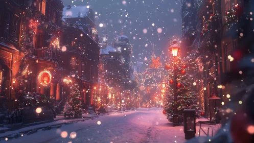 Snow-covered festive street illuminated by dense warm bokeh lighting