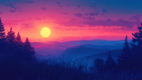 Neon dusk sun over layered forest mountainscape panorama.