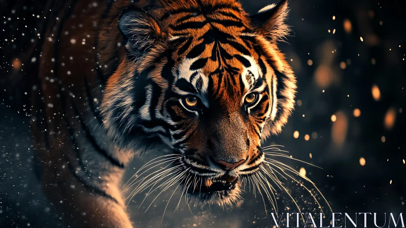 Tiger in ember-lit snow, a quiet storm of wild focus.