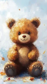 Warm teddy bear portrait glows softly against a pastel sky