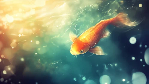 Luminous koi in volumetric aquatic bokeh field rendering.