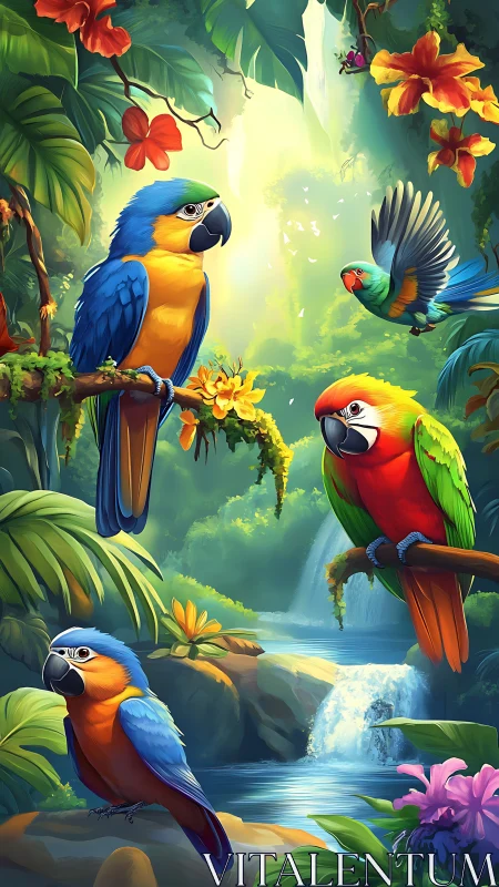 Colorful parrots perch in lush jungle beside bright waterfall