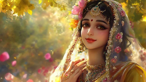 Radiant floral portrait of jeweled woman in golden bokeh garden
