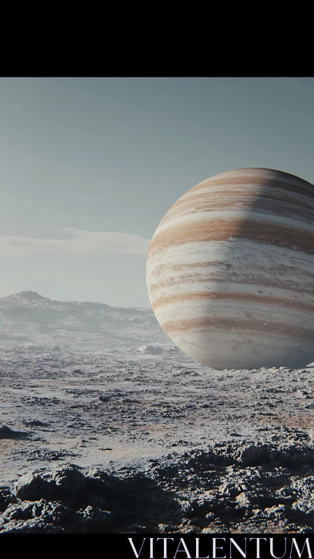 Giant gas planet rising above icy alien landscape.