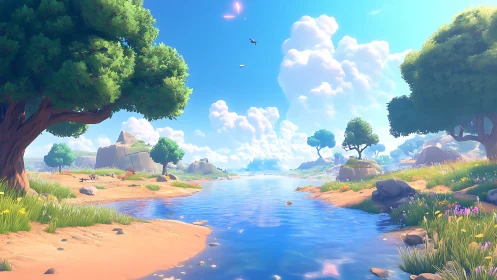 Wide river landscape with stylized trees and distant hills.