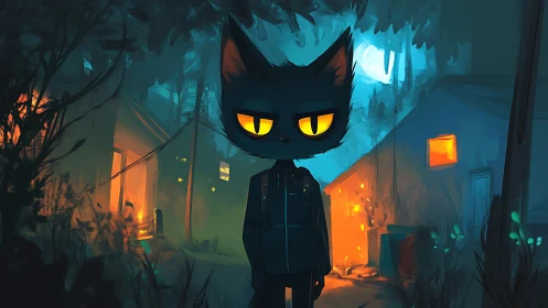 Anthropomorphic black cat stalks moody neon forest street.