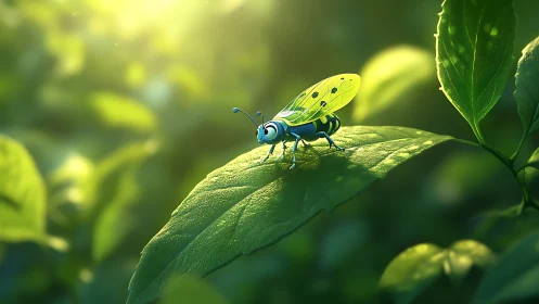 Curious glowing bug resting on a sunlit green leaf.