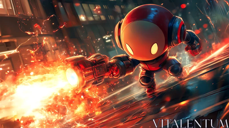 Armored cartoon robot firing energy weapon on city street.