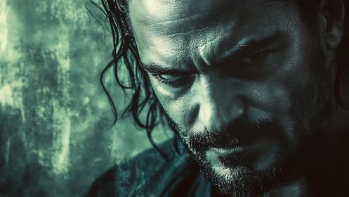 Storm-browed antihero glowering through teal-tinted gloom.