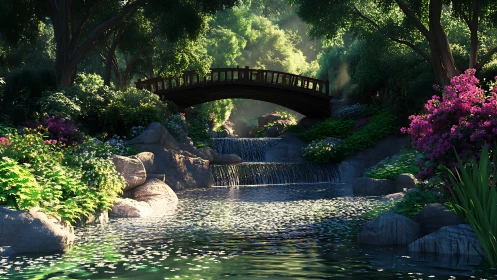 Digital garden bridge over tiered stream in dappled light.