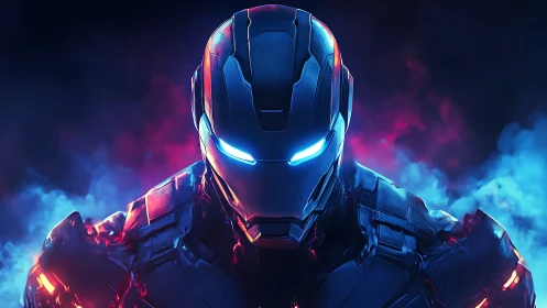 Armored futuristic humanoid suit glows with intense neon light