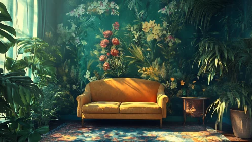 Yellow sofa in lush botanical living room interior design.