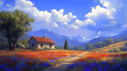 Wildflower refuge under storybook mountains and dreaming sky.