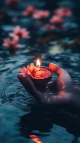Hand cradles floating candle over teal water at dusk.