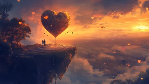 Two Silhouettes Before Colossal Suspended Heart in Golden Sky. Digital Rendering.