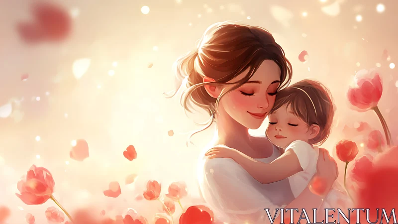 Woman and child embrace surrounded by red tulips in warm light