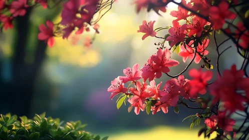 Backlit Azaleas with Atmospheric Depth and Bokeh.