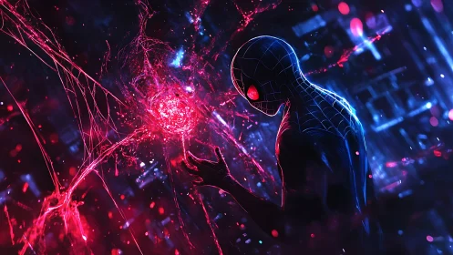 Neon-suited hero facing glowing red web core in city night.