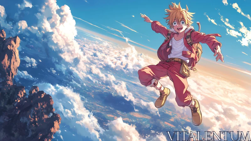 High altitude anime boy midair leap above sunlit clouds