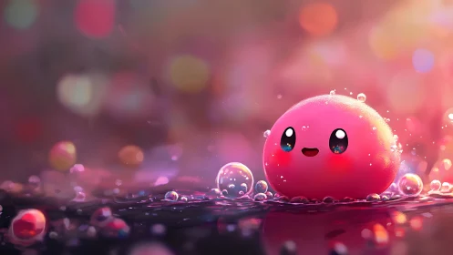 Bubble-bright coral blob grinning in dreamlit puddles.