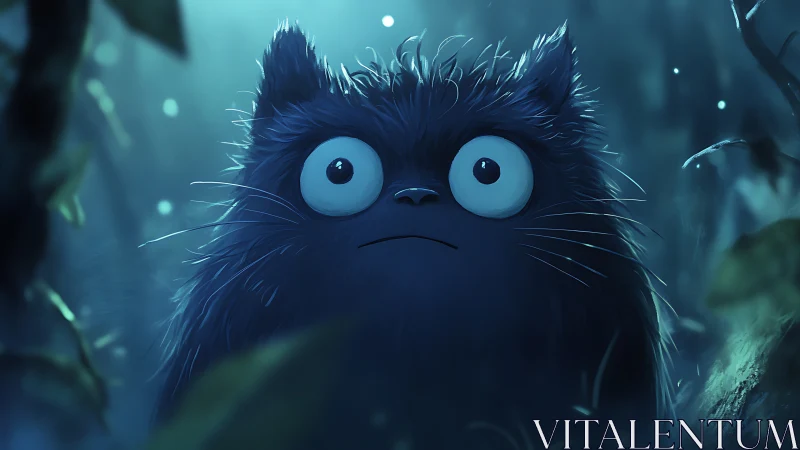 Moonlit fuzzball stares down the forest’s glowing hush.