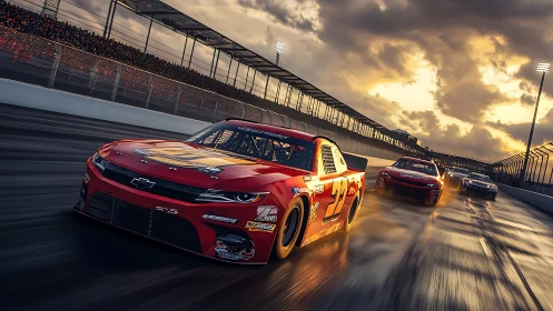 Red stock car leads multi-car race on wet track at dusk