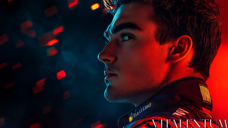 Neon-lit racing portrait in dual-tone cinematic profile lighting.