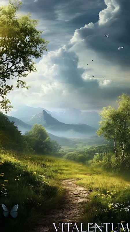 Narrow dirt path extends through sunlit valley toward distant peaks