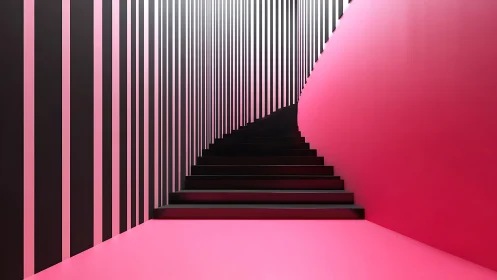 Geometric 3D staircase composition with linear striping elements.