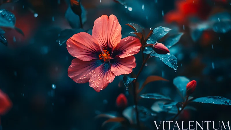 Coral Bloom Kissed by Rain in Twilight Garden.