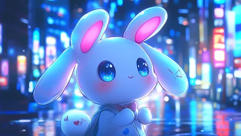 White cartoon rabbit character in illuminated city street at night.