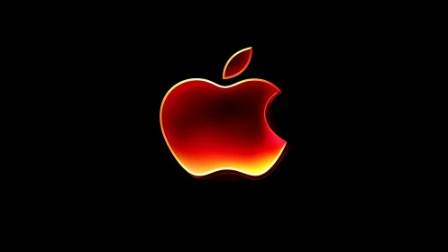 Glowing red apple emblem shines against deep black backdrop.