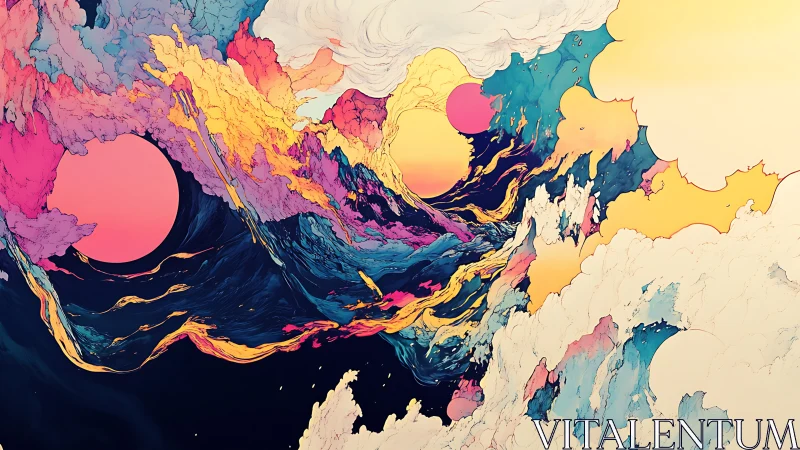 Abstract cosmic waves with layered pastel clouds and suns.