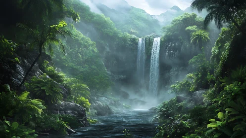 Digital painting rainforest gorge with cascading waterfall focus.