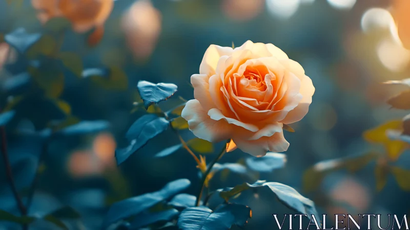 Soft Focus Peach Rose in Golden Light Against Teal Garden.