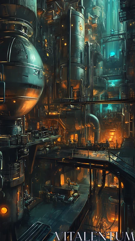 Glowing sci fi factory alive with pipes, walkways, and light.