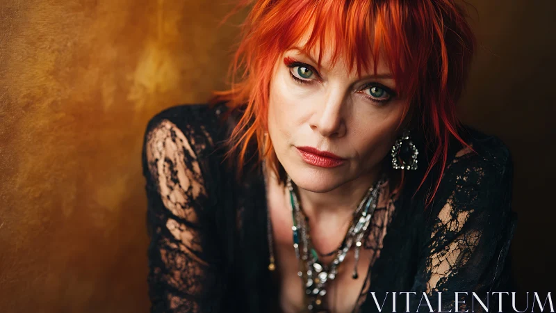 Photorealistic portrait with fiery hair and textured backdrop.