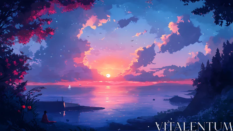 Digital seascape depicts sunset over calm water surface