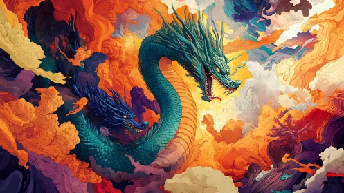 Vibrant sky dragon swirling through firelit painted clouds.