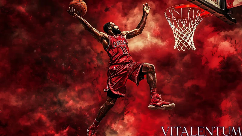 Basketball player executes one handed dunk in stylized scene