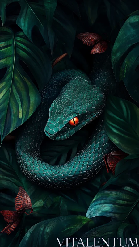 Digital painting study of emerald viper in dense tropical foliage.
